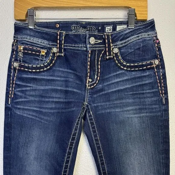 NWOT Miss Me Bootcut Jeans 28 Bling Embroidered Low Rise Denim Saddle Stitched - Picture 9 of 13